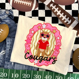 Cougars mascot DTF transfer featuring a cougar in a red football jersey and star sunglasses inside a pink and gold star-studded frame