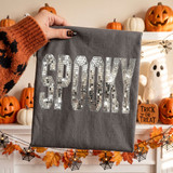 Spooky DTF transfer with faux disco mirror-tile lettering in silver on a shirt, Halloween design