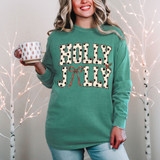 Holly Jolly Christmas DTF transfer with polka dot lettering, red ribbon bow, and holly berry accent on a green long sleeve shirt