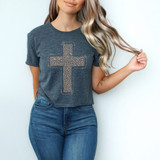 Leopard print cross DTF transfer with stitched outline detail on a heather charcoal t-shirt