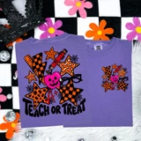 Teach or Treat Pocket & Back DTF Transfer | Colorful Halloween Teacher Heat Transfer