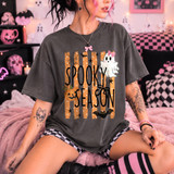 Spooky Season Halloween DTF transfer with distressed orange stripes, a bowed ghost, jack-o'-lantern, and bat graphics