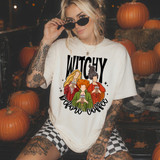 Witchy Before Coffee DTF transfer with three illustrated witch sisters holding iced coffees and bold script lettering