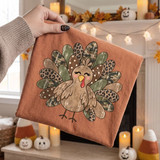 Cute cartoon turkey DTF transfer with leopard print, camo, and polka dot feathers, featuring a smiling closed-eye face