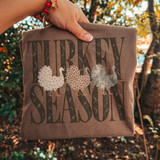 Turkey Season DTF transfer with three patterned turkey illustrations in polka dot, leopard, and plaid print styles and bold vintage lettering