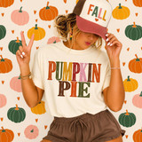Pumpkin Pie DTF transfer with bold distressed multicolor block lettering on a cream t-shirt
