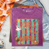Gobble Till You Wobble DTF transfer with retro turnip stripes, gravy boat, turkey, and pumpkin pie design on a purple shirt