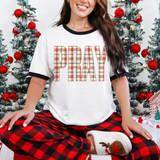 PRAY DTF transfer in red and green plaid lettering, faith-based Christmas design on a white shirt