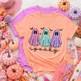 Spooky Halloween DTF transfer with three pastel ghosts in purple, teal, and lavender, bats, and hand-lettered 'spooky' script text