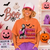 Spooky Season Is Calling DTF transfer with pink ghostface mask character holding phone and coffee cup, bats and stars design
