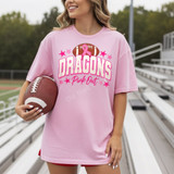 Dragons Pink Out football mascot DTF transfer with pink awareness ribbon football and stars