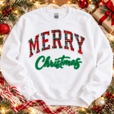 Merry Christmas appliqué and fluffy patch combo with red plaid varsity lettering and green fluffy script on sweatshirt