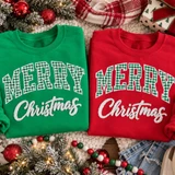 Merry Christmas mixed texture patch with green checkered varsity lettering and white fluffy script on red and green sweatshirts