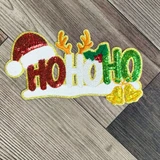 Ho Ho Ho Christmas patch with sequins chenille Santa hat antlers holly bells and silver glitter backing