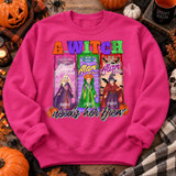 A Witch Needs Her Brew Halloween DTF transfer with three energy drink cans styled as Sanderson sisters characters, distressed lettering, and pumpkins Shown on a Heliconia crewneck sweatshirt.