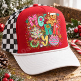 Colorful 'Merry' Christmas DTF transfer with gingerbread man, candy cane, Christmas tree, wreath, and ornament on a confetti background Shown on a red front panel, white pre-curved bill, black-and-white checkered mesh back, white rope trucker hat.