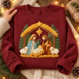 Crochet-style Nativity scene DTF transfer with Mary, Joseph, and baby Jesus under a golden straw stable, pine trees, sheep, and a shining star Shown on a Garnet crewneck sweatshirt.