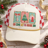 Oh Come Let Us Adore Him Christmas DTF transfer with scalloped striped panels featuring a bow, Christmas tree, and angel above colorful block lettering Shown on a ivory cream front panel, gold rope, red and white checkered mesh back trucker hat.