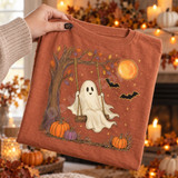Cream-colored ghost swinging from a tree branch DTF transfer with glowing orange moon, bats, and autumn pumpkins Shown on a Terracotta t-shirt.