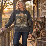 Let Us Thank Him For Our Food hunting DTF transfer with whitetail buck, turkey, mallard duck, chocolate lab, bass, and johnboat scene with Genesis 9:3 verse Shown on a Graphite Heather crewneck sweatshirt.