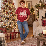 Tis the Season DTF transfer with three lace-textured ivory Christmas trees topped with lace stars over red-and-white gingham lettering Shown on a Crimson t-shirt.