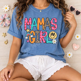 Mama's Girl DTF transfer with oversized mixed-pattern lettering, rainbow, daisies, stars, clouds, and smiley face doodles Shown on a China Blue t-shirt.