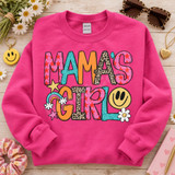 Mama's Girl DTF transfer with oversized mixed-pattern lettering, rainbow, daisies, stars, clouds, and smiley face doodles Shown on a Heliconia crewneck sweatshirt.
