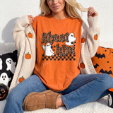 Ghost Him Halloween DTF transfer with leopard print lettering, two cartoon ghosts, stars, and a black checkered stripe