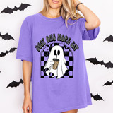 Just One More Sip ghost DTF transfer with coffee cup, bats, and checkered arch background on a purple shirt