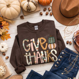 Give Thanks DTF transfer with plaid patchwork lettering and layered plaid pumpkins in a fall boho style