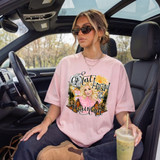 Go Rest High On That Mountain DTF transfer with country blonde singer portrait, monarch butterflies, dogs, and sunset design
