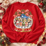 Watercolor-style Christmas snow globe DTF transfer with Santa, gingerbread girl, Christmas tree, reindeer, and snowman walking past a snowy village, topped with a red plaid bow Shown on a Red crewneck sweatshirt.