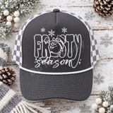 Frosty Season DTF transfer with chalky white line-art snowman peeking through FROSTY lettering and script season text, surrounded by sketchy snowflakes Shown on a charcoal grey front panel with white rope and grey-and-white checkered mesh back trucker hat.