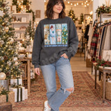 It's The Most Wonderful Time Of The Year Christmas DTF transfer with embroidered-yarn style mouse king, ballerina, nutcracker soldier, and pom-pom pine tree panels Shown on a Charcoal crewneck sweatshirt.