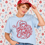 Jolly Santa Claus face DTF transfer in red sequin-inspired line art with 'Jolly' script lettering across his beard Shown on a Ice Blue t-shirt.