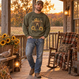 It's A Bad Day To Be A Dove DTF transfer with chocolate Labrador portrait, sunflowers, and flying mourning doves Shown on a Military Green crewneck sweatshirt.