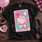 The Floater clown-costume tarot card DTF transfer with balloon-holding kitty illustration in pink and teal