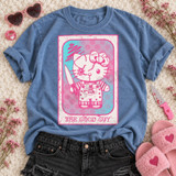 The Good Guy doll-costume tarot card DTF transfer with stitched kitty holding a knife in pink and blue