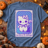 The Trick R Treater scarecrow-costume tarot card DTF transfer with pumpkin-lollipop kitty illustration in purple and blue