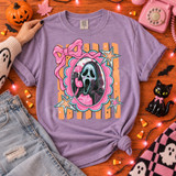 Cutesy horror DTF transfer featuring a ghost-faced killer holding a phone in a pink scalloped frame with bow and stars