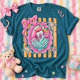 Cutesy horror DTF transfer featuring a pastel-colored clown portrait in a pink scalloped frame with bow and stars