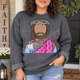 Kingdom Over Culture DTF Transfer | Boutique Patchwork Jesus Faith Design, colorful patchwork Jesus illustration with a crown of thorns and “Kingdom Over Culture” lettering displayed on a charcoal gray sweatshirt.