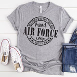 Proud Air Force Wife Military Screen Print Heat Transfer T-Shirt with patriotic design and message, casual gray t-shirt with rolled sleeves, paired with white sneakers and denim jeans.
