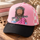 Make Jesus Famous DTF Transfer | Faith-Based Crown of Thorns Design, colorful illustration of Jesus wearing a crown of thorns with “Make Jesus Famous” lettering displayed on a pink and black trucker hat