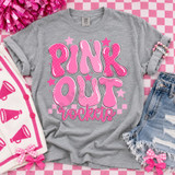 Pink Out Rockets mascot DTF transfer in bubble retro lettering with pink checkered pattern and stars on a heather gray shirt