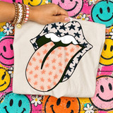 Retro lips and tongue DTF transfer with navy star pattern on the lips and peach star pattern on the tongue