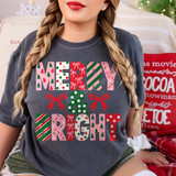 Merry and Bright DTF Transfer | Christmas Holiday Design, colorful festive lettering with Christmas trees, polka dots, stripes, and red bows displayed on a charcoal gray T-shirt