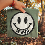 WWJD Smiley Face DTF Transfer | Retro Faith-Based Distressed Design