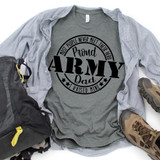 Proud Army Dad Military Screen Print Heat Transfer, gray T-shirt with black patriotic design for military dads.