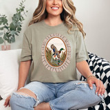 Faux-embroidery mallard duck DTF transfer with lace and gingham oval frame on khaki shirt